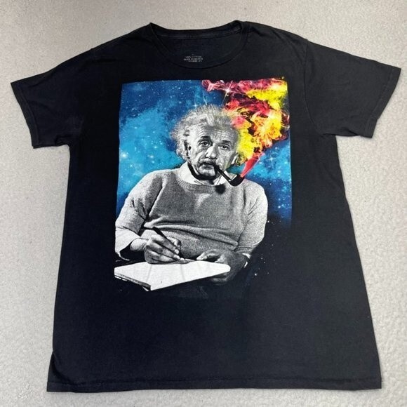 Albert Einstein Shirt Womens Medium Black Smoking Pipe‎ Galaxy Scientist Casual - Picture 1 of 14